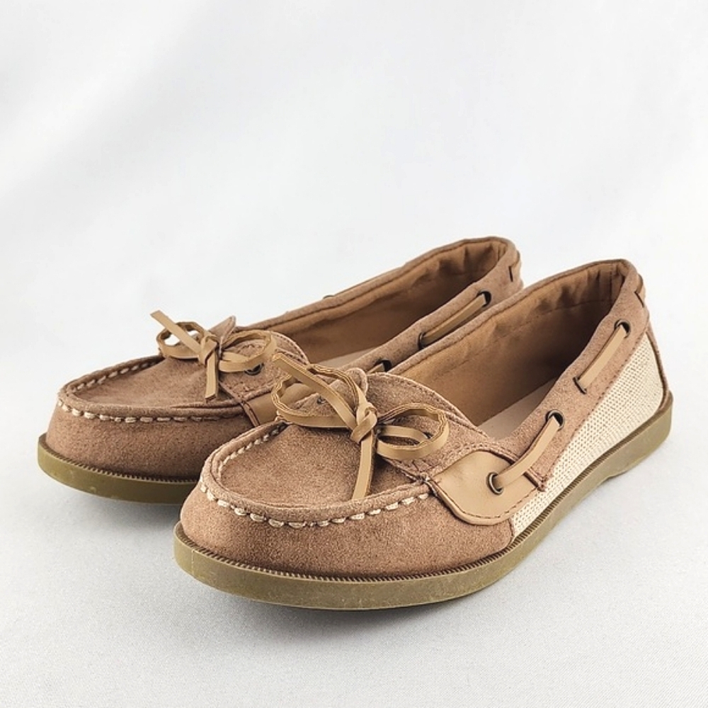 American Eagle Women's Loafer Boat Shoe Tan Textile Faux Suede Size 5.5 - Picture 2 of 16